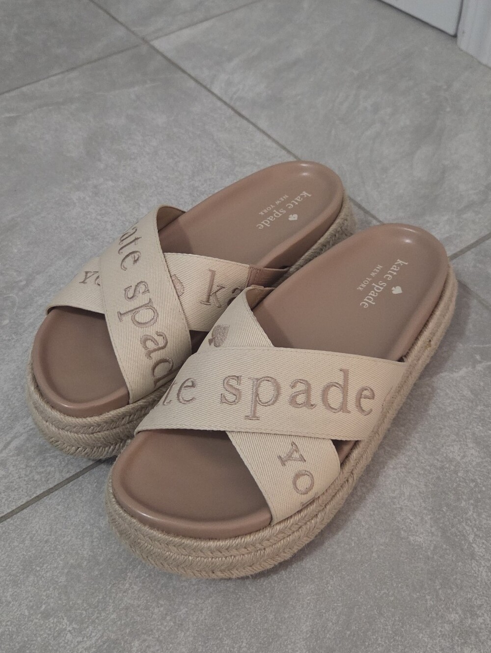 kate spade Beige Crisscross Espadrille Platform Slides